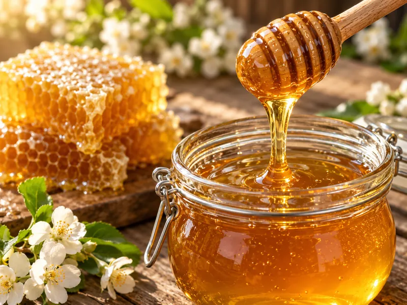 Raw honey Raw honey dripping from a wooden dipper into a glass jar next to honeycomb